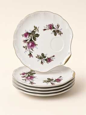 Napco Hand Painted Rose Plates Gold Rim IVD 236 China Snack Set of Four